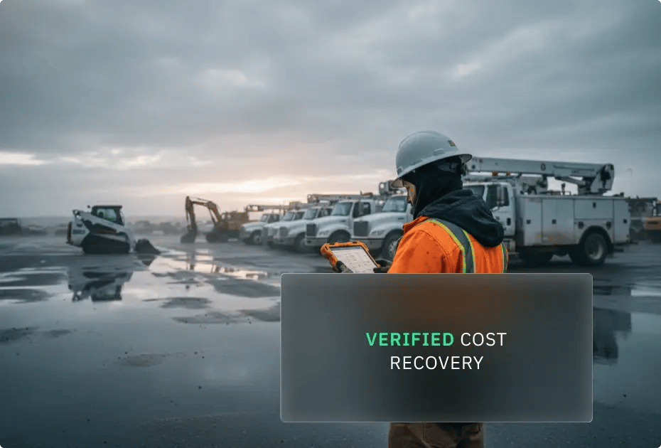Worker with clipboard at construction site, "VERIFIED COST RECOVERY" overlay.