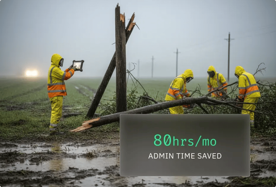Workers in high-visibility jackets clearing debris with "80 hrs/mo ADMIN TIME SAVED" overlay.