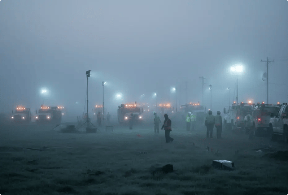 Foggy field with workers and vehicles, illuminated by lights.