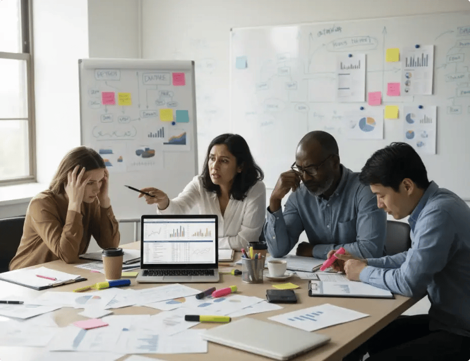 Four professionals collaborating at a meeting with charts and data on laptops and whiteboards.