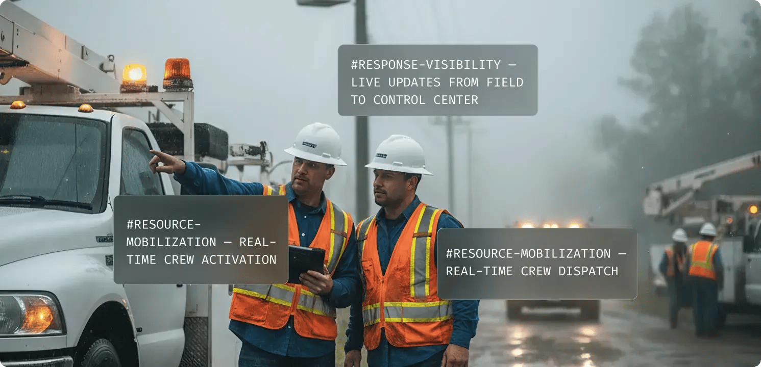 Utility workers wearing hard hats and reflective vests coordinate in rainy, low-visibility conditions beside utility trucks. Overlay callouts highlight key capabilities.
