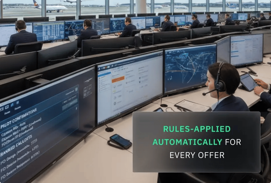 Air traffic control center with multiple monitors displaying flight data; operators working diligently.