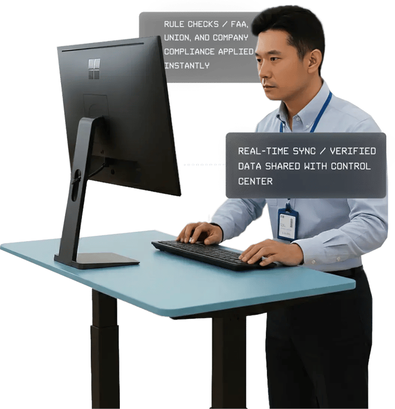 man reviewing compliance data on a computer airlines office