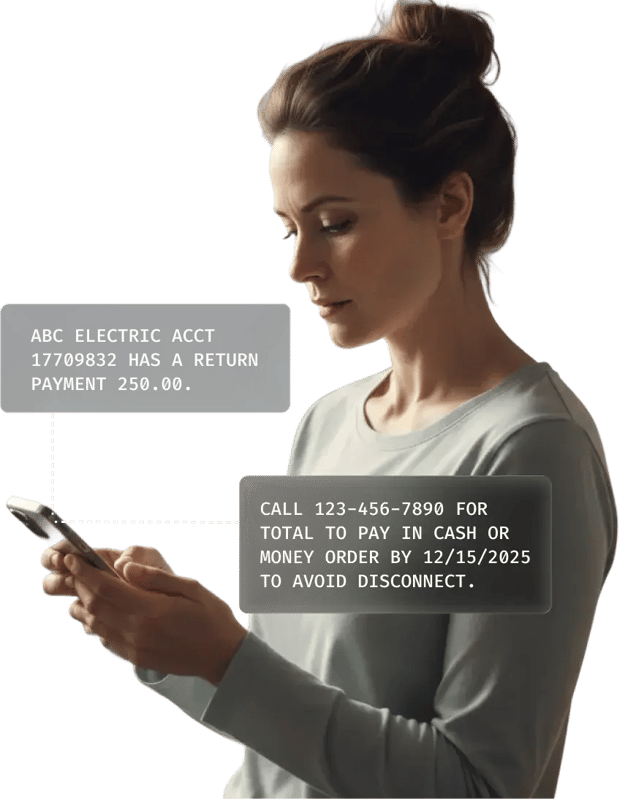 A woman standing in a kitchen looking at her phone, with digital notification callouts appearing beside her.