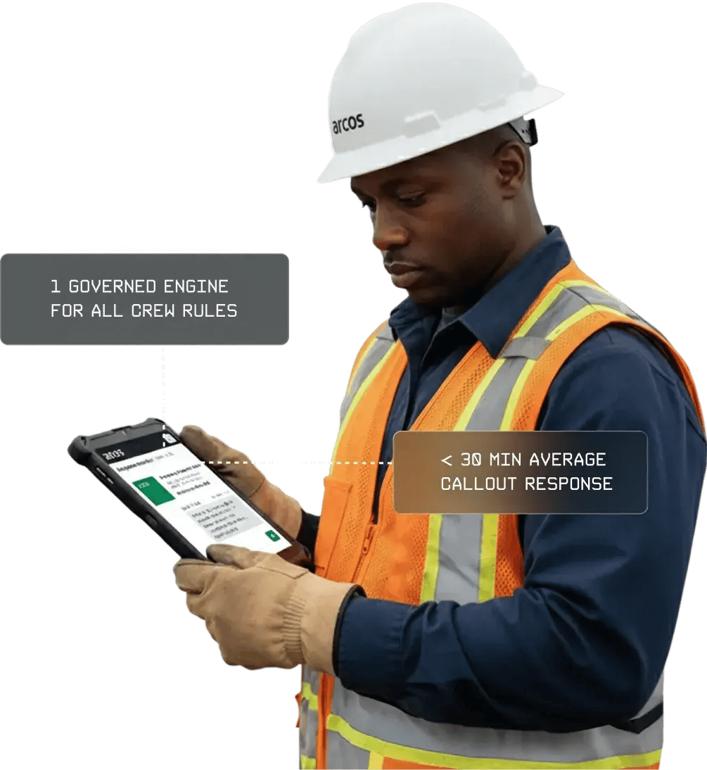 Worker with safety gear using tablet for crew rules and quick response times.