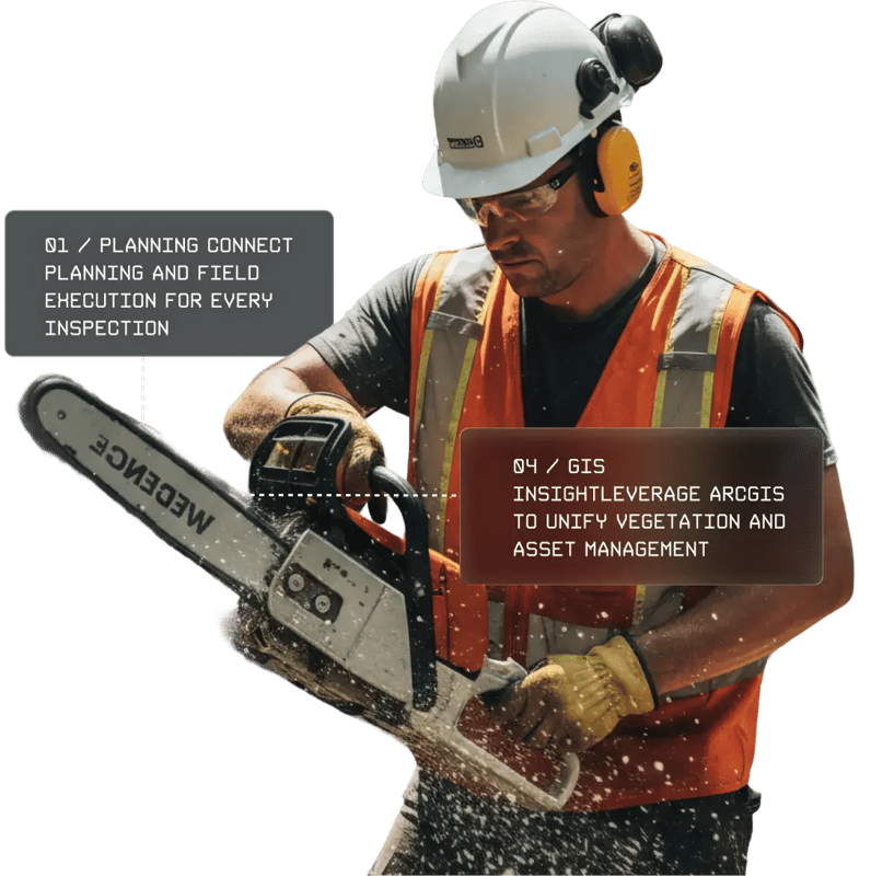 Worker using chainsaw with planning and GIS focus.