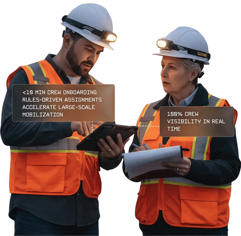 Two utility workers in hard hats and orange safety vests review information on a tablet together, with overlay callouts highlighting crew resource visibility and rapid onboarding during major events.