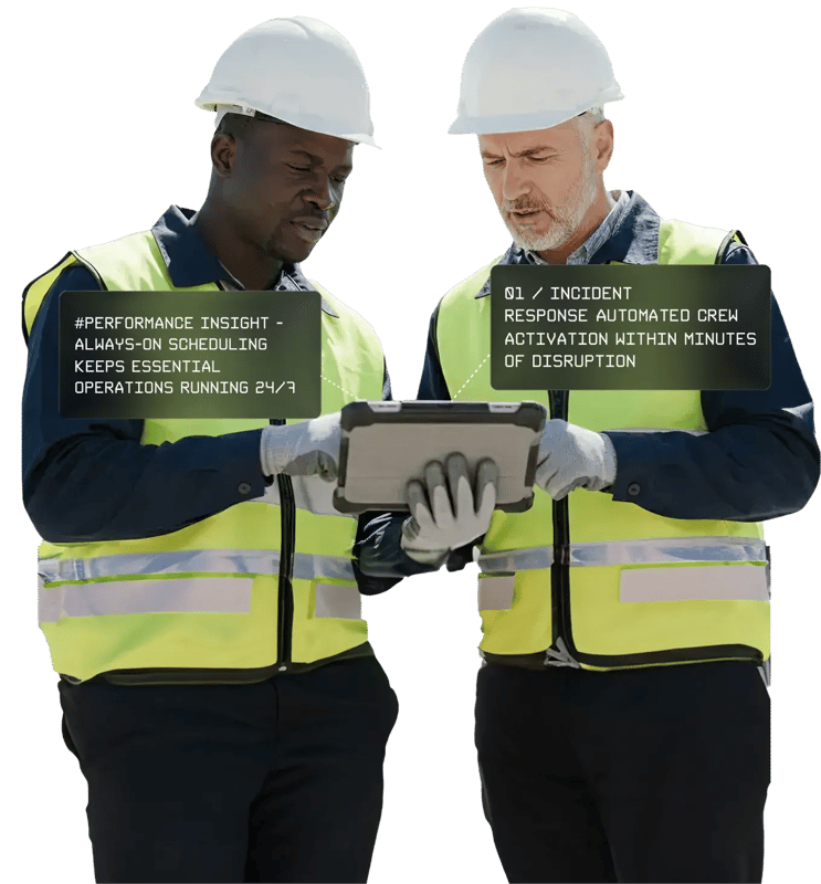 Two workers in safety vests and helmets examine a tablet, with captions about performance insight and incident response automation.