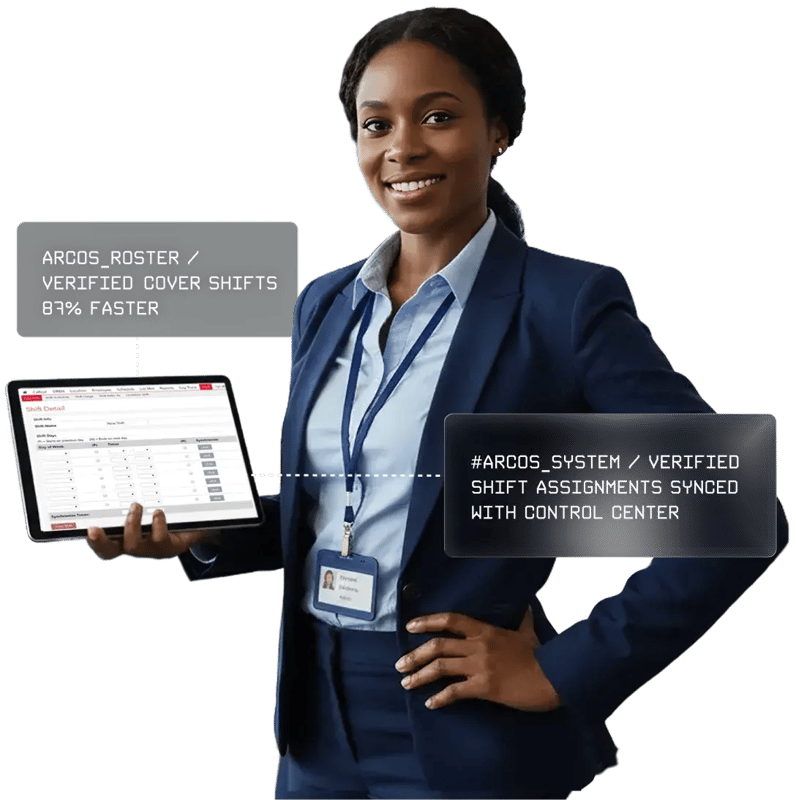 Woman presenting tablet with ARCOs system interface, highlighting faster shift verification and control center synchronization.