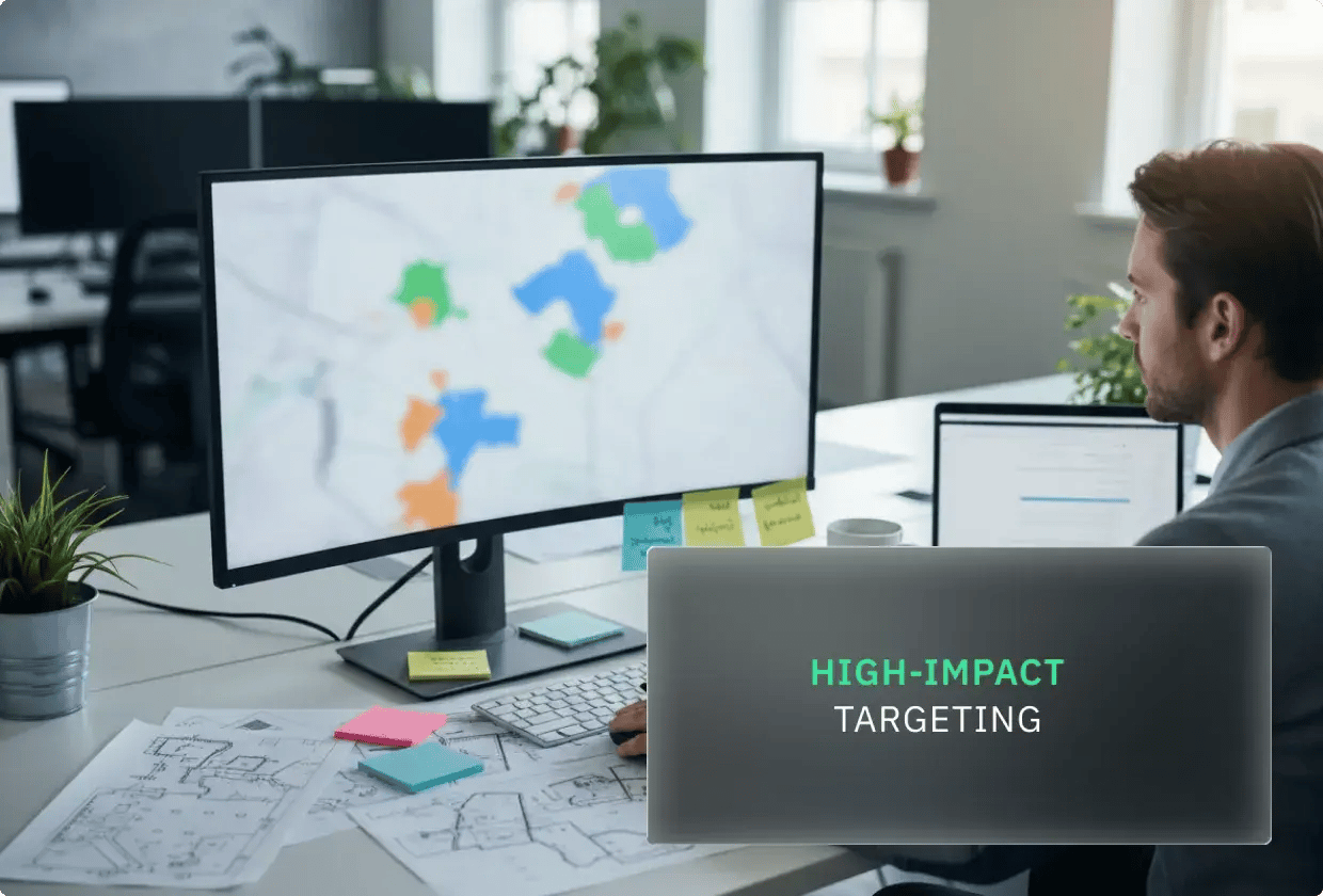 Man analyzing data on computer with real-time impact visibility overlay.