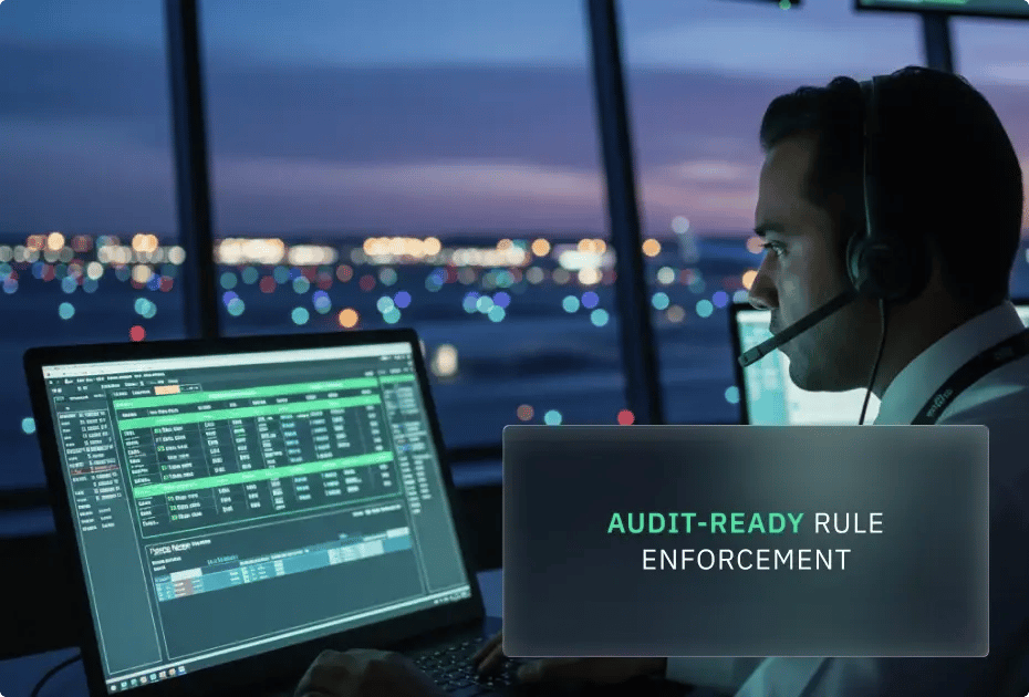 Man monitoring data with "AUDIT-READY RULE ENFORCEMENT" overlay.