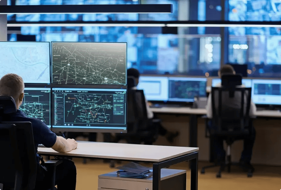 An operations control room with multiple staff monitoring large screens displaying complex network and system maps, suggesting real-time event tracking and alerts.