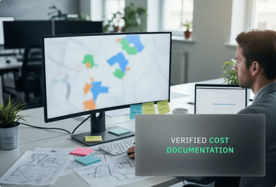 Man analyzing data on computer with verified cost documentation overlay.