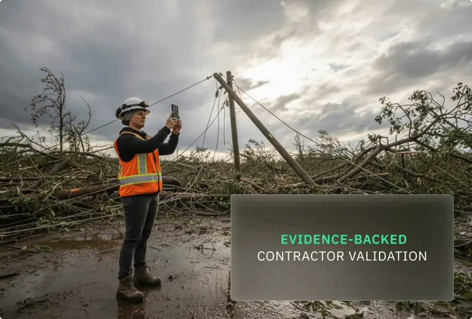 Contractor assessing storm damage with phone