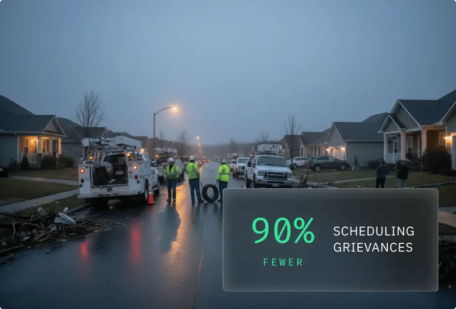 Utility workers in reflective vests repair downed power lines in a residential neighborhood at dusk, with a sign indicating "90% fewer scheduling grievances."