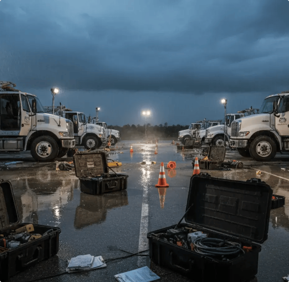 Stormy night with utility trucks and equipment ready for emergency response.