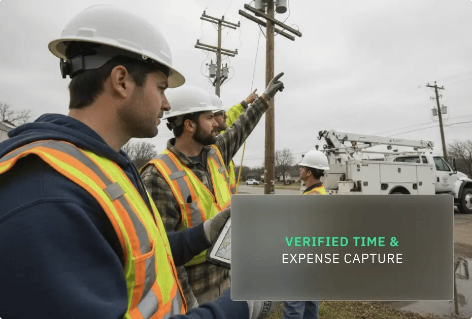 Electricians in safety gear discuss work near utility poles with a truck nearby.