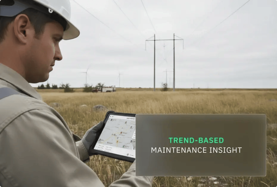Maintenance worker using tablet near power lines with "Trend-Based Maintenance Insight" overlay.