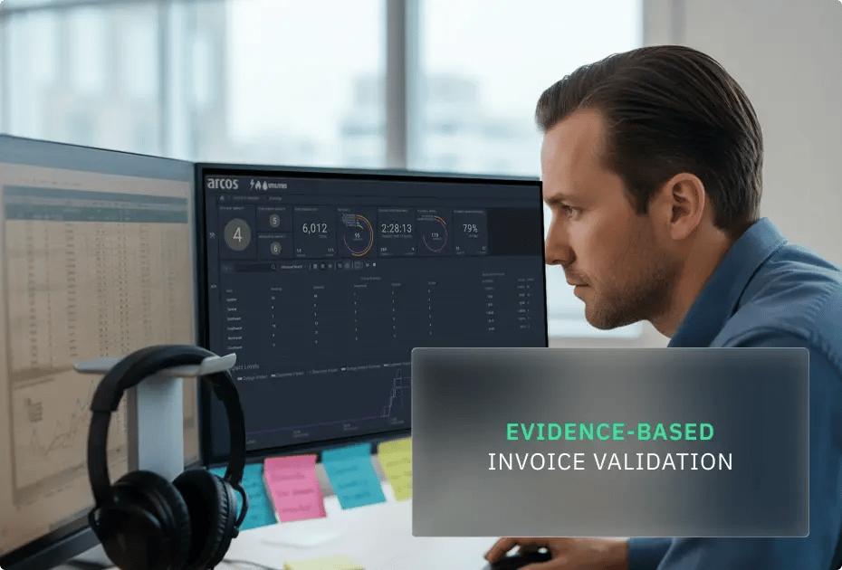 Man analyzing data on dual monitors with invoice validation software.