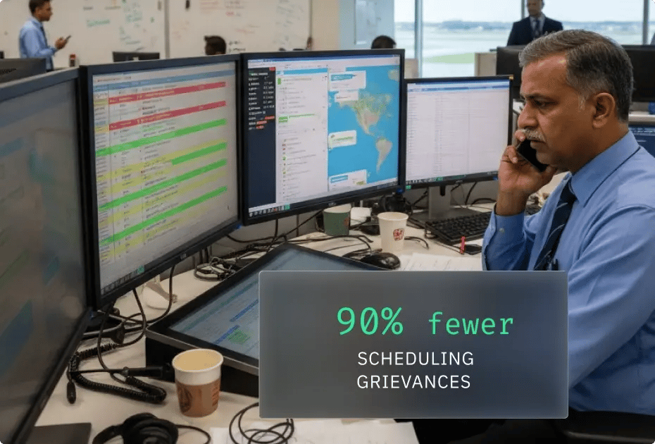 Man at control room desk with multiple monitors showing scheduling software; "90% fewer Scheduling Grievances" sign.