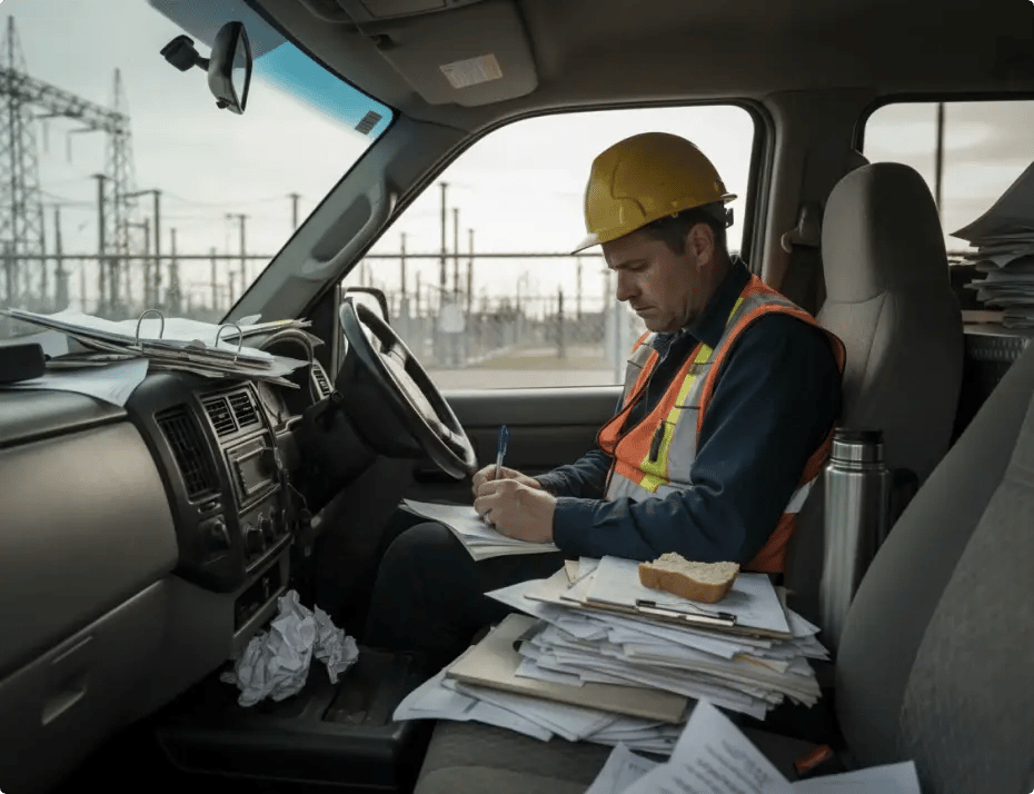 Man in safety gear writing notes inside a vehicle with papers and tools around him.