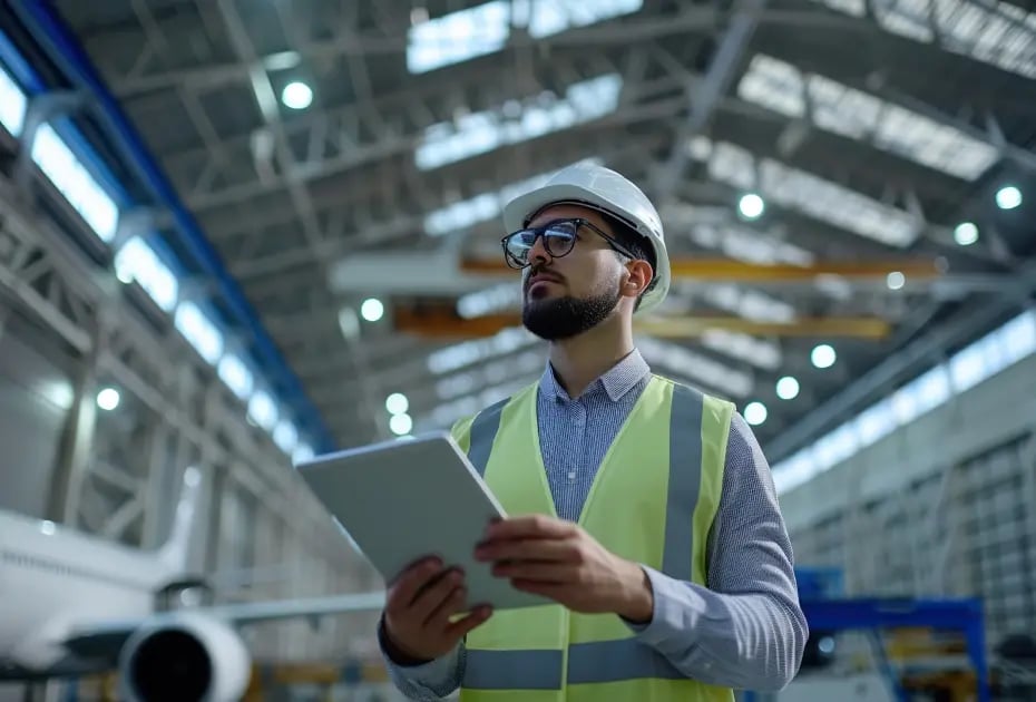 Man in safety gear examines an aircraft with tablet in hand.