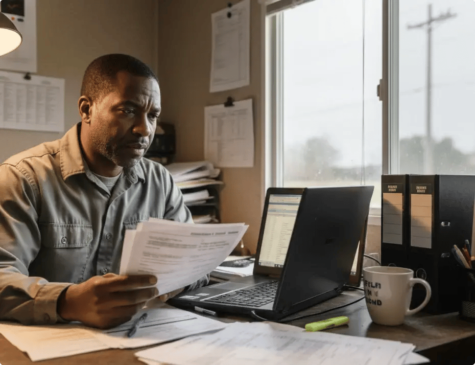 Man reviewing documents at desk with laptop and binders.