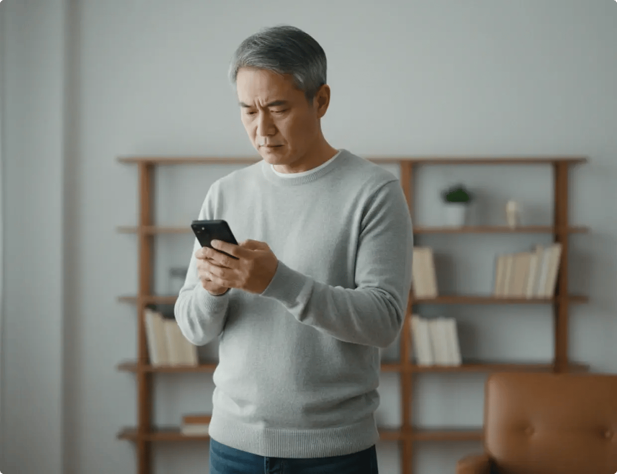 Man using smartphone with a bookshelf background.