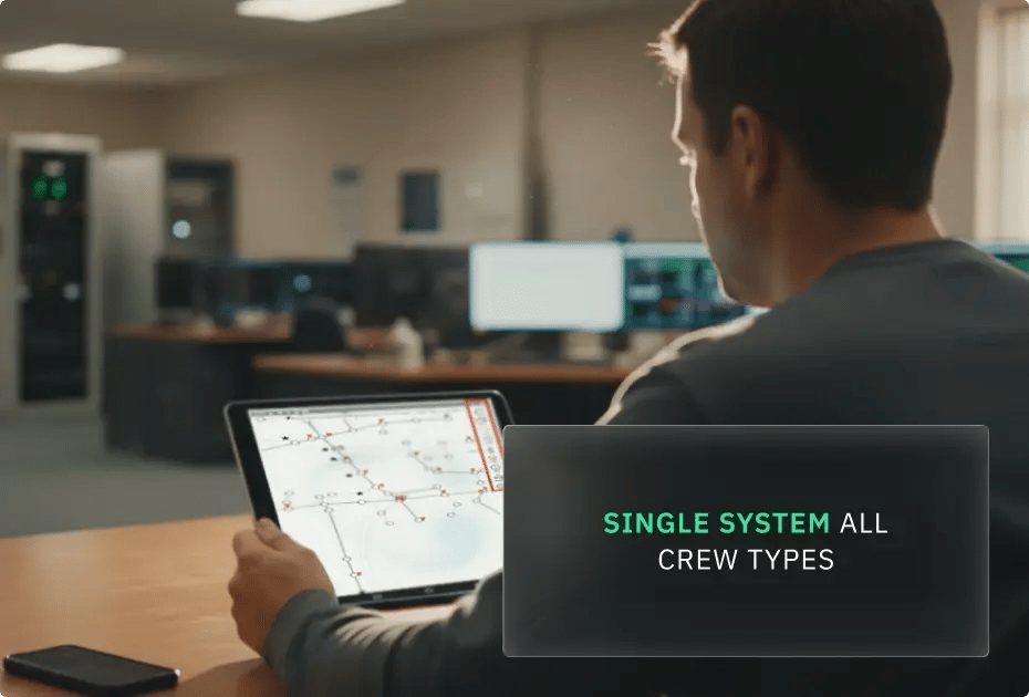 Man using tablet with network diagram, office setting, "Single System All Crew Types" overlay.