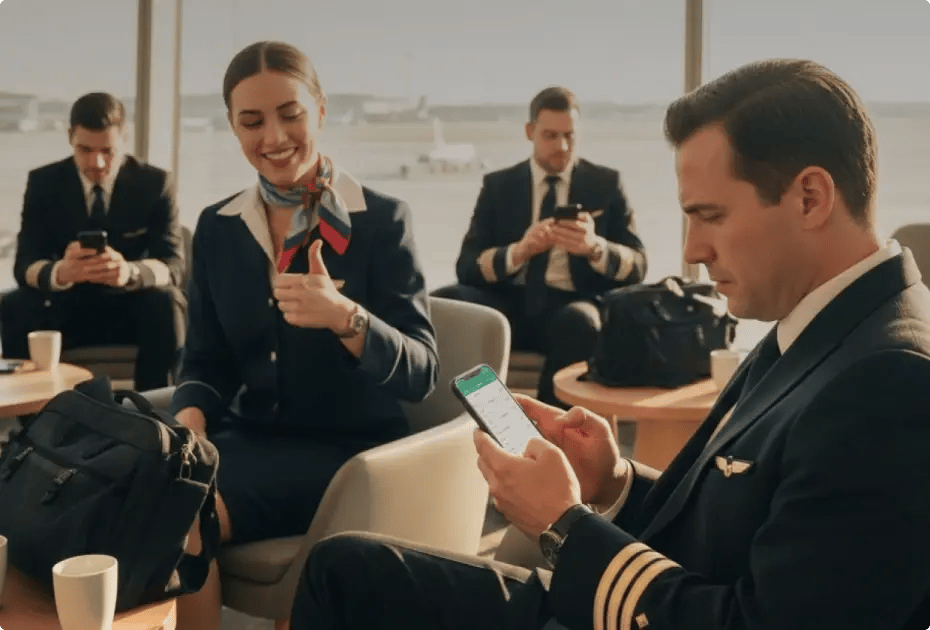 Pilots and flight attendants using smartphones in an airport lounge.