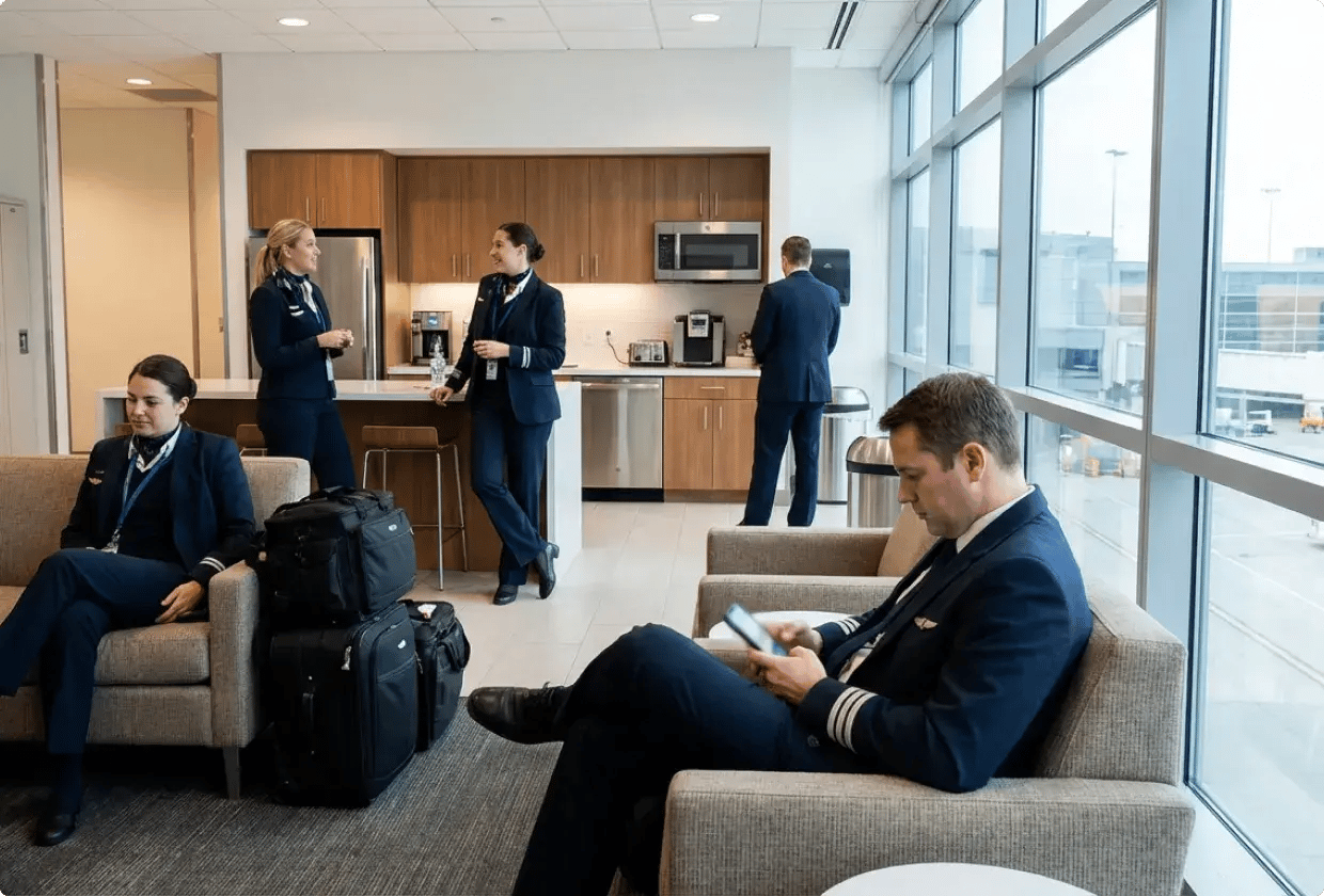 Airline crew members relaxing in a modern airport lounge, with one person using a mobile phone while others talk and prepare for their shifts.