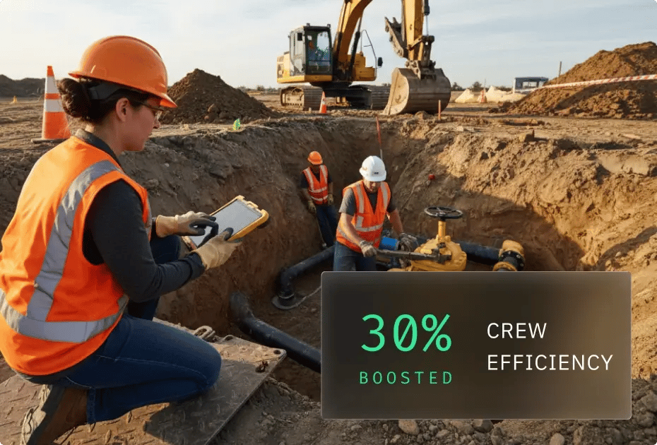 Construction workers using technology to boost efficiency at a site with heavy machinery.