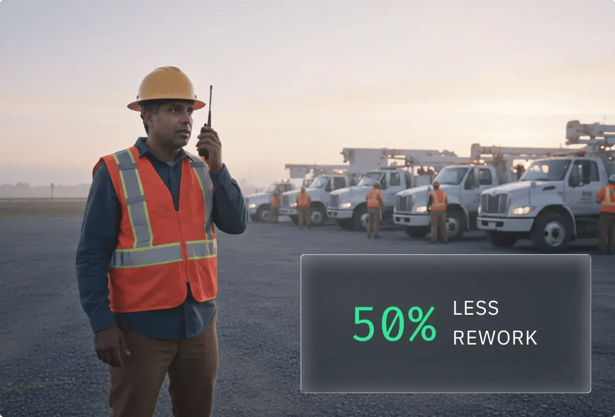 A utility worker wearing a hard hat and reflective vest speaks into a radio while a fleet of bucket trucks and crew members stand ready in the background. A callout in the foreground displays “50% less rework
