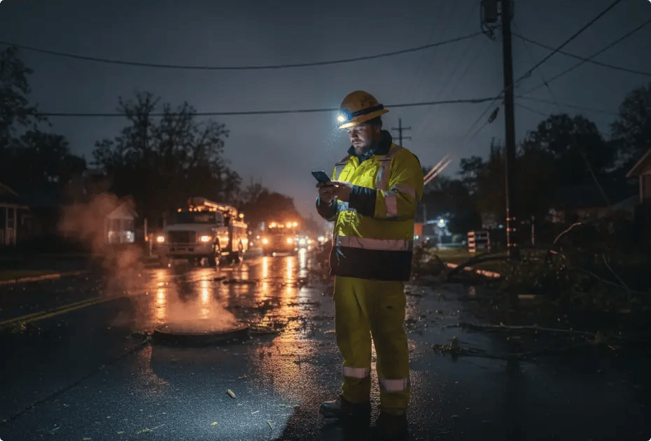 Nighttime utility worker in reflective gear using phone amidst storm damage.