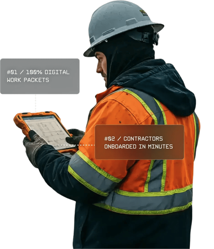 A utility worker in an orange safety jacket and hard hat uses a rugged tablet outdoors, with callouts highlighting digital work packets and fast contractor onboarding.