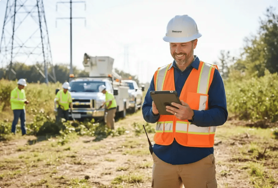 Man with tablet at construction site; workers and utility vehicles in background.