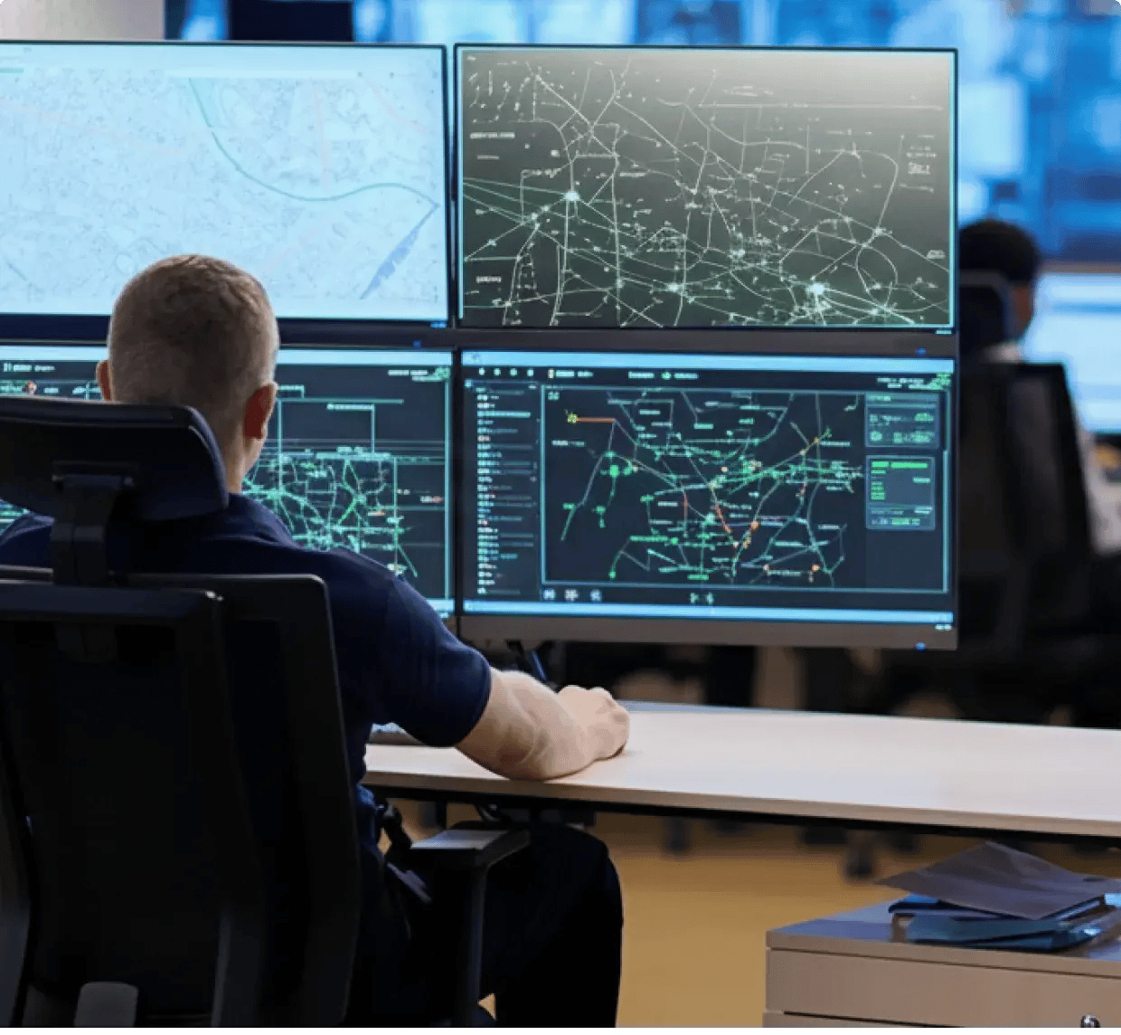 A person seated at a control-room workstation monitors four large screens displaying detailed network maps and system data, showing a complex operational environment with real-time status visuals.