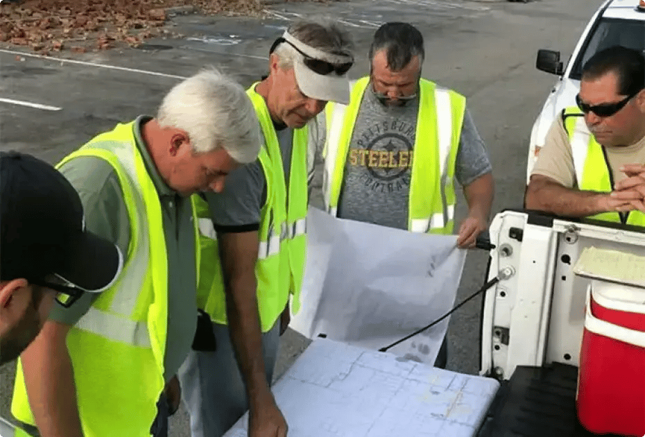 A group of workers in fluorescent vests examines a large map spread out on a table in a parking lot.