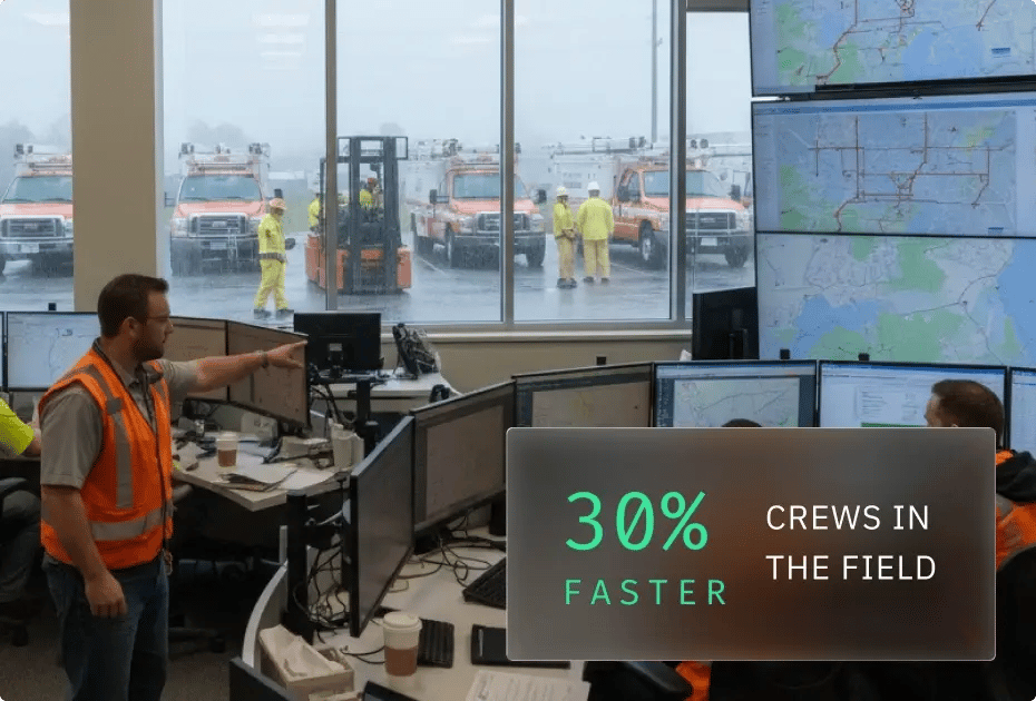A command center with multiple monitors displays maps and stats, as personnel coordinate with field crews during rainy weather.