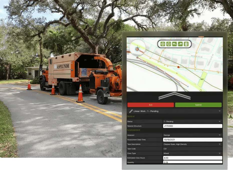 Orange utility truck with traffic cones on a suburban street; map interface showing work details.