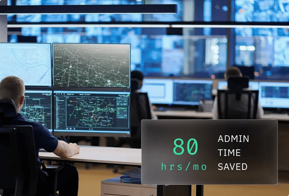 A control-room environment with operators monitoring multiple large screens displaying network maps and system data. A floating callout in the foreground highlights “80 hrs/mo admin time saved.