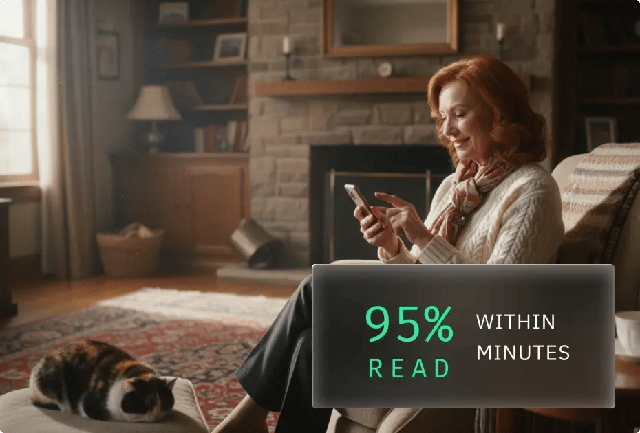 An older woman sitting in a cozy living room, smiling while reading a message on her phone, with a cat resting nearby and a graphic overlay showing “95% read within minutes.