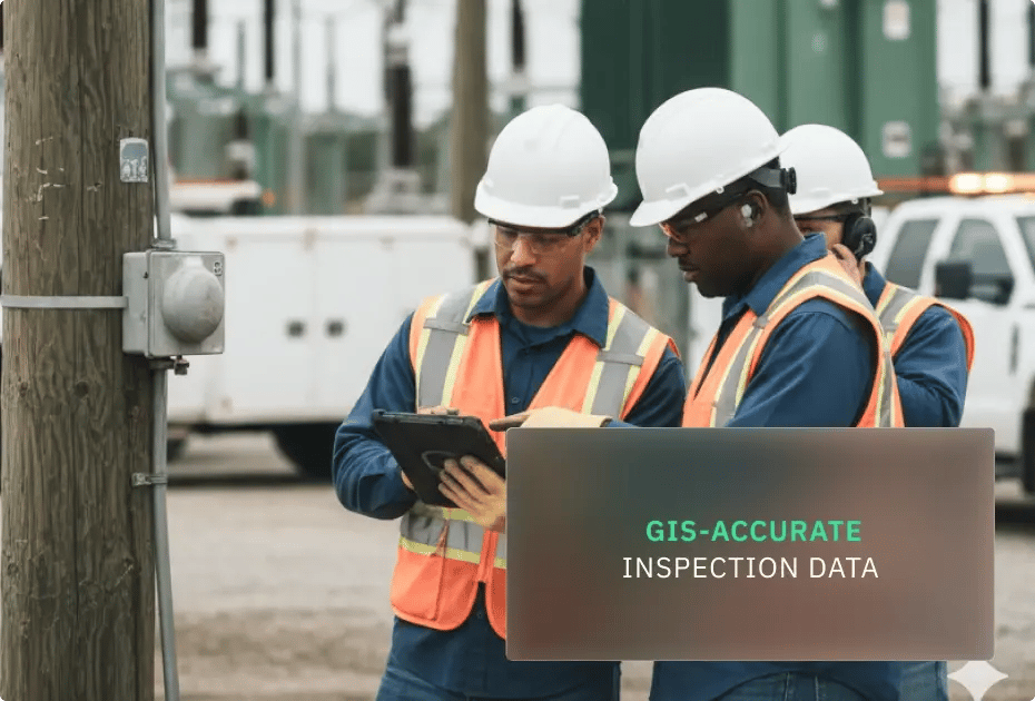 Three utility workers wearing hard hats and safety vests review inspection data on a tablet beside a utility pole, with an overlay label reading “GIS-accurate inspection data.