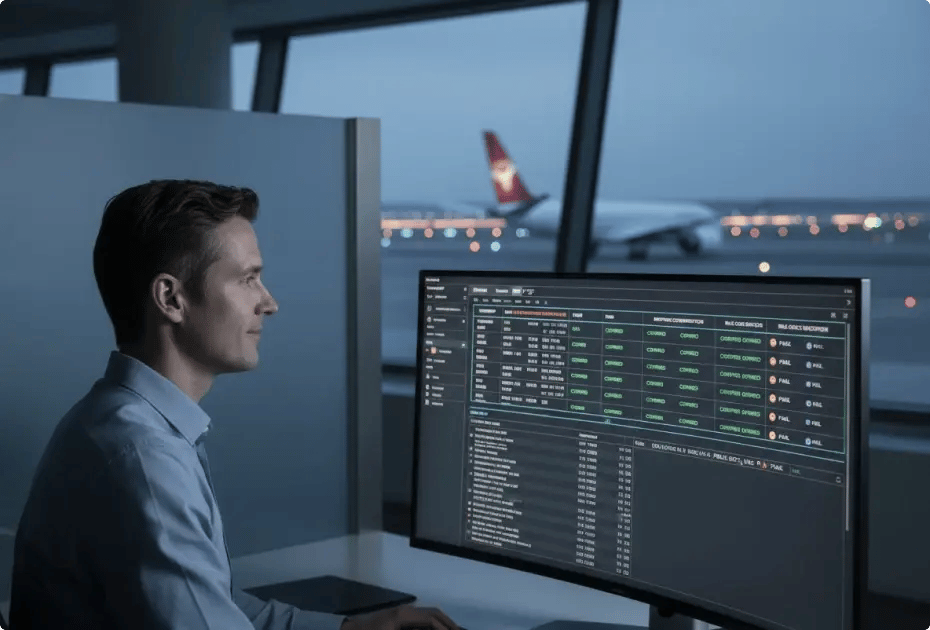 Air traffic controller monitoring flight data at an airport control tower.