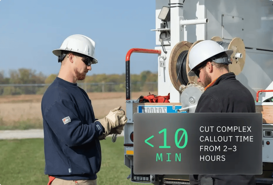 Two workers in safety gear beside utility truck with cable reels; text highlights reduced callout time from hours to minutes.