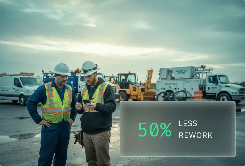 Two construction workers discuss plans with heavy machinery and vehicles in the background; "50% less rework" sign featured prominently.