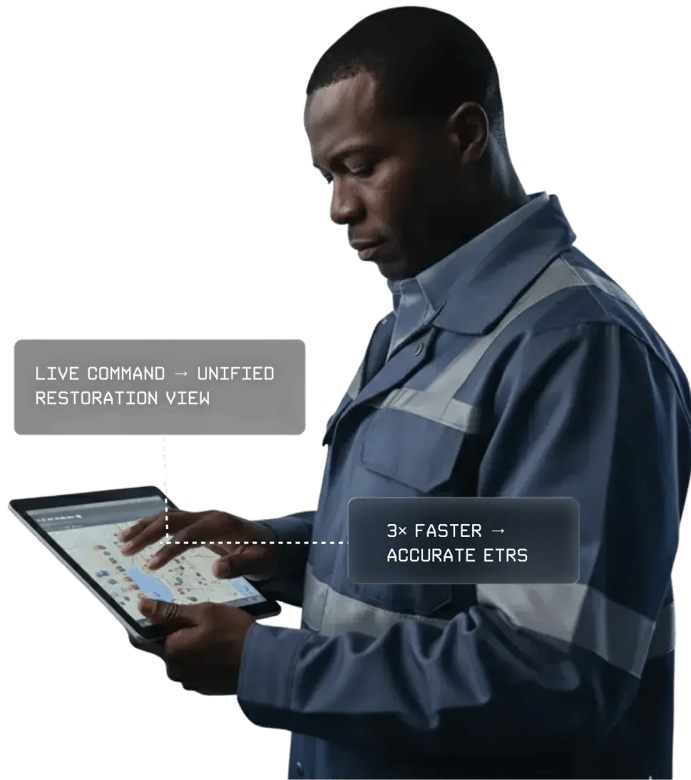 A utility worker in a blue reflective jacket uses a tablet displaying a map, with overlay callouts highlighting a unified restoration view and faster, more accurate estimated times of restoration (ETRs).