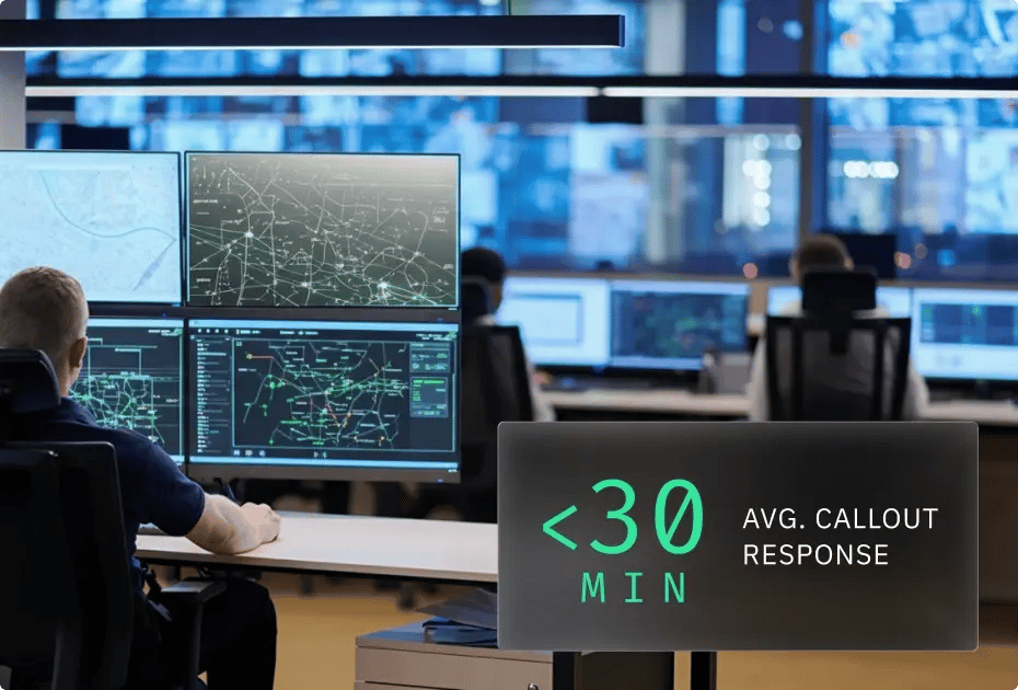 Control room with multiple monitors displaying maps and data; avg. callout response <30 min.