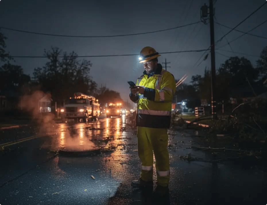 Utility worker in reflective gear using phone at night amidst downed trees and emergency vehicles.