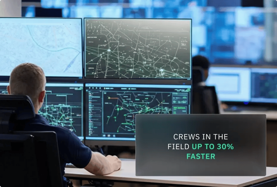 Man monitoring multiple screens with "CREWS IN THE FIELD UP TO 30%" sign.